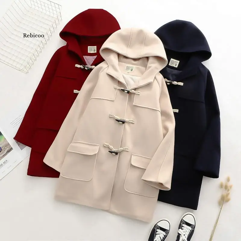 Women Long Wool Blends 2023 Winter Loose Warm Coat Hooded Wool Coats Office Work Wear Horn Button Legant Coat