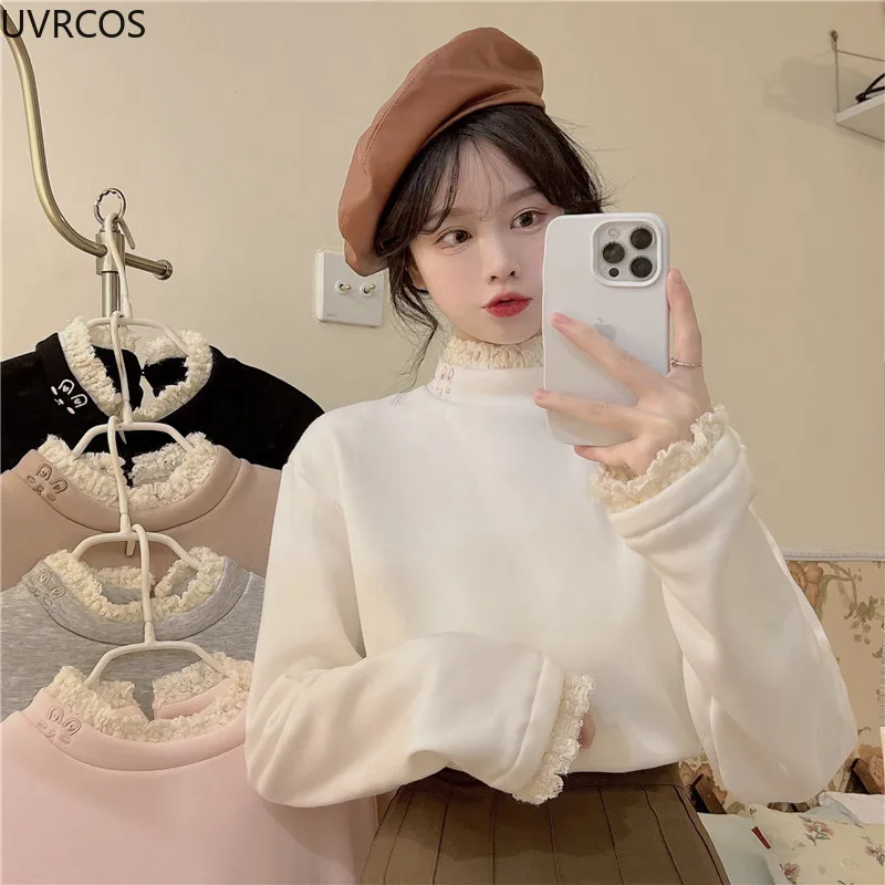 Chic Rabbit Embroidery Fleece Basic Turtleneck T-shirts Women Cute Lolita Lace Long Sleeve T Shirt Girl Harajuku Sweet Tees Top