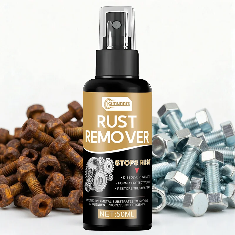 Multi-purpose metal rust remover, suitable for metal parts, tools, and vehicle surfaces, works instantly with just a spray