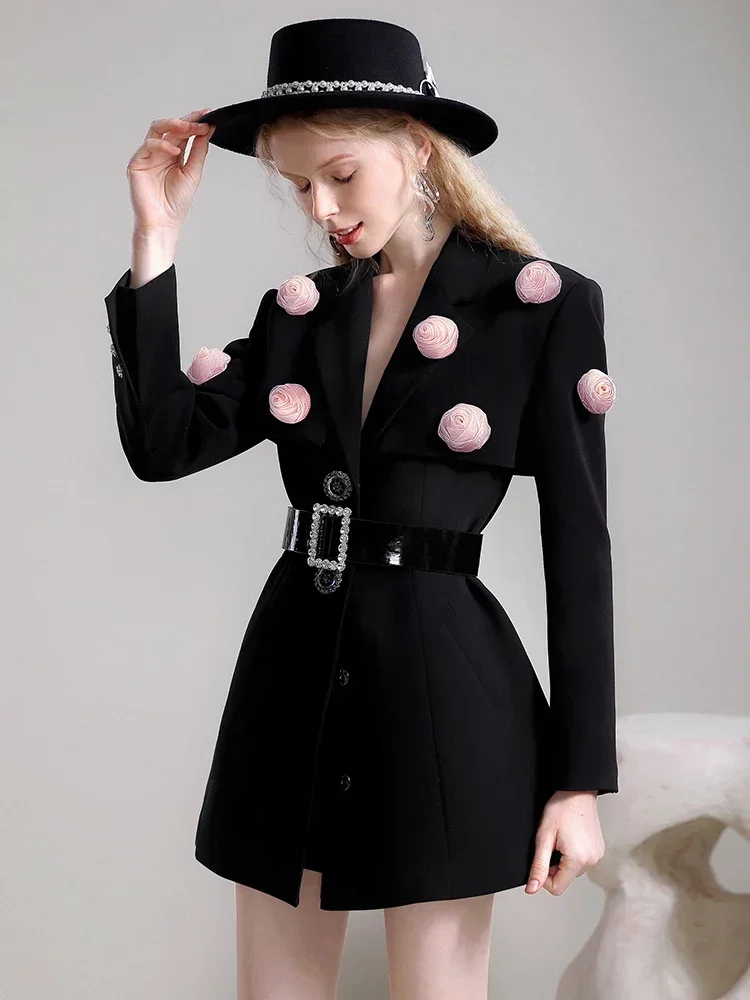 Elegant Three-Dimensional Rose Flower Blazer Dress Autumn/Winter Slim Black Business Suit Niche Sweet Women Blazers and Jackets