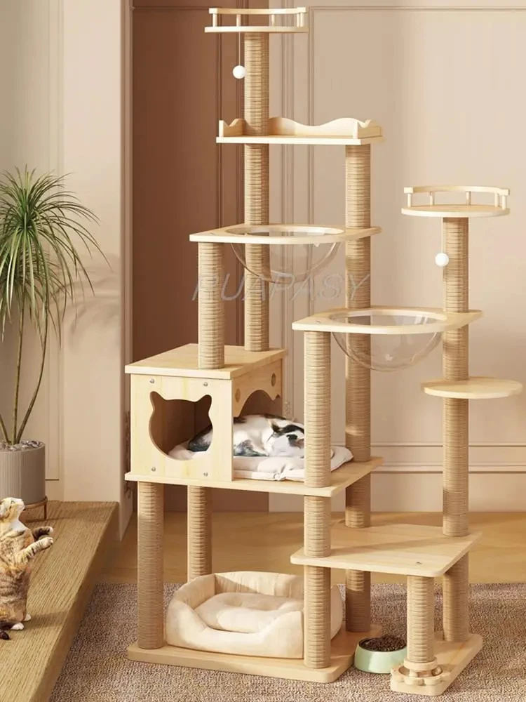 Large Multi-Level Cat Tree Wood Climbing Shelf Space Capsule Post Condo Sisal Cat Tree Scratching Jumping Platform Perch Tower