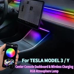 For Tesla Model 3 Y Car Interior RGB Neon Light LED Strip Center Console Dashboard Wireless Charging Ambient Lamp APP Control