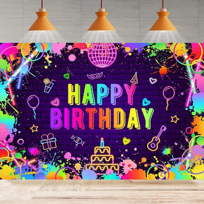 Neon Glow In The Dark Photography Backdrop Graffiti Glow Neon 80s Splash Paint 90s Colorful Birthday Party Backdrop Wall Banner