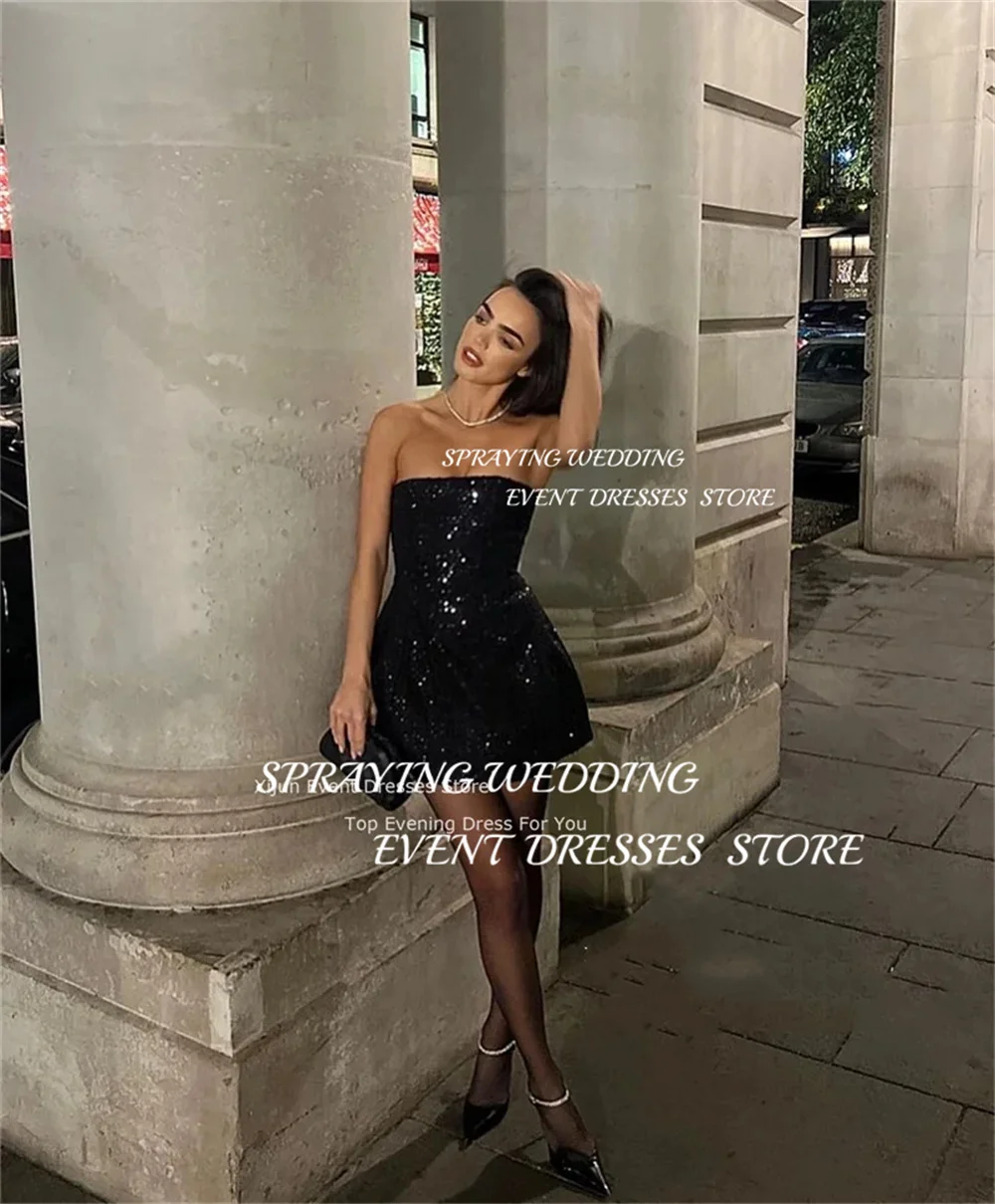 SPRAYING Sexy paillettes noir Mini robe de mariage arabie saoudite brillant sans bretelles robe de bal une ligne douce robe d'événement de nuit personnalisée
