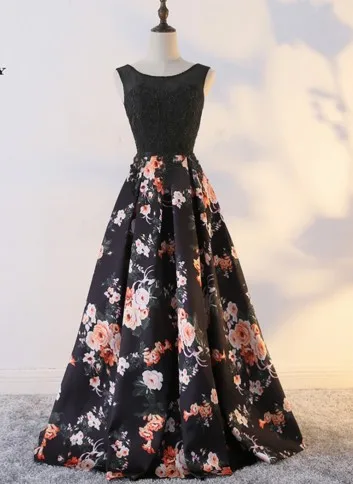 2018 primavera elegante preto feminino impresso flor formal vestido de baile em torno do pescoço floral longo vestido de festa à noite