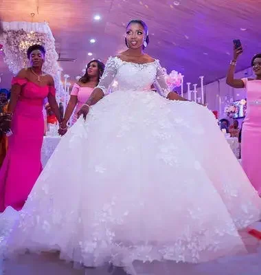 Customized African Half Sleeve Off Shoulder Plus Size Lace  Bridal Bride Bridal Dress Ball Gown VestidoBride
