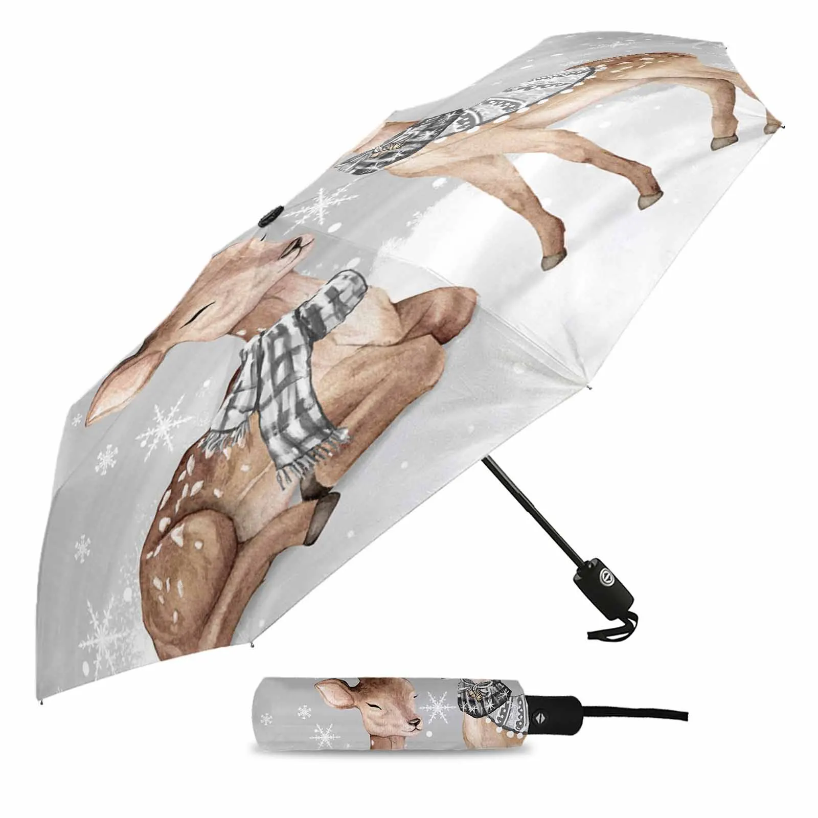 Winter Deer Snowflakes Flower Automatic Umbrella for Rain Foldable Parasol Umbrella Eight strand Outdoor Umbrellas