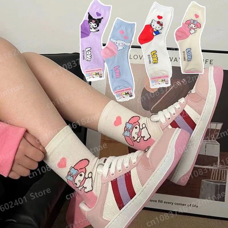 Children's Socks for Girls Cartoon Hellos Kittys Heel Pattern Socks for Students Kuromis Mid-tube Non-slip Socks for Kid Gifts