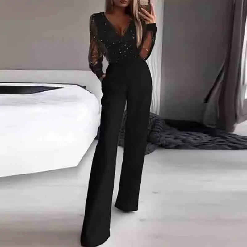 

High Waist Black Mesh Sequin Style Commuting Jumpsuit for Women Summer New Deep V Neck Long Sleeve Rompers Elegant Office Lady