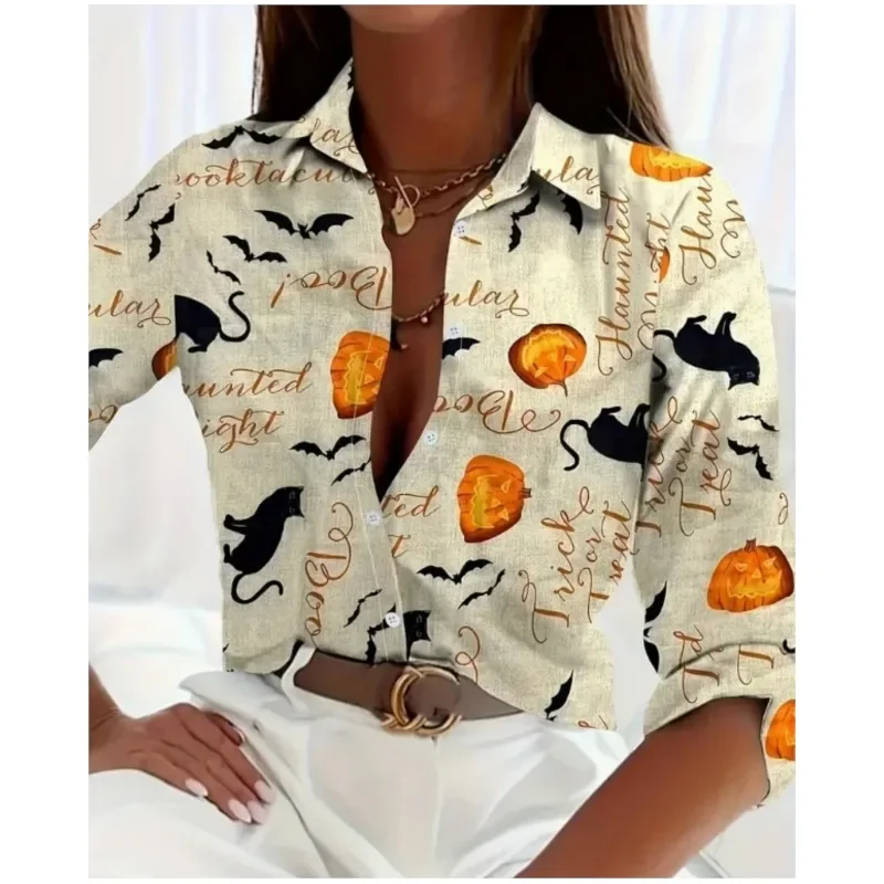 New Women\'s Lapel Button Long Sleeved Shirt Commuting style Christmas Halloween Printed Comfortable Shirt For Women Tops Blouses