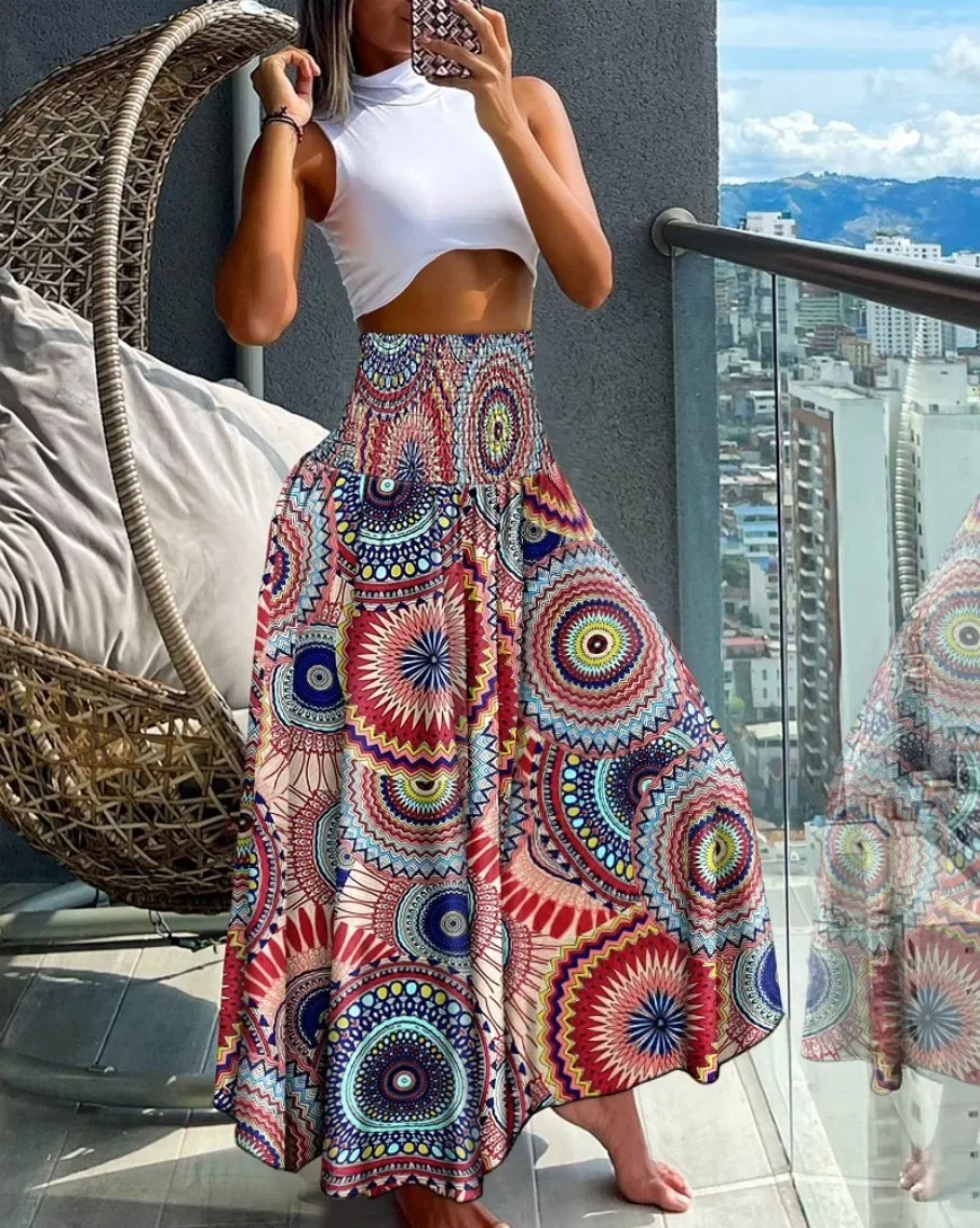 Damen Maxirock mit Smok-Details, hoher Taille und Paisley-Print – Fließender A-Linien-Rock für Strandurlaub und Freizeit – Detail 7