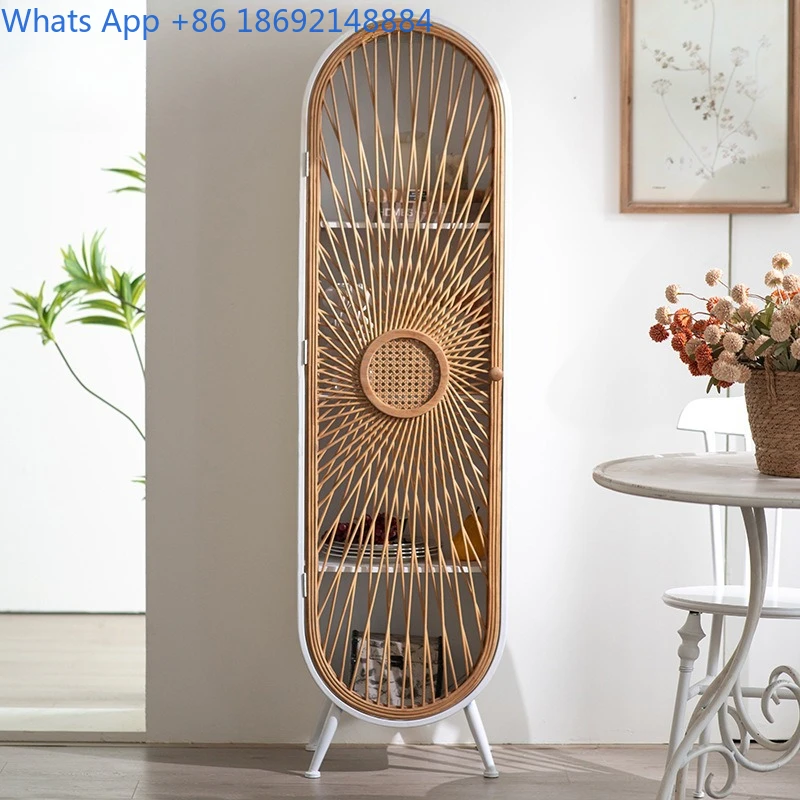 Minimalist Japanese Style Bamboo Woven Arched Door Floor Cabinet White Metal Multi Tier Display Cabinet Creative Corner Shelf