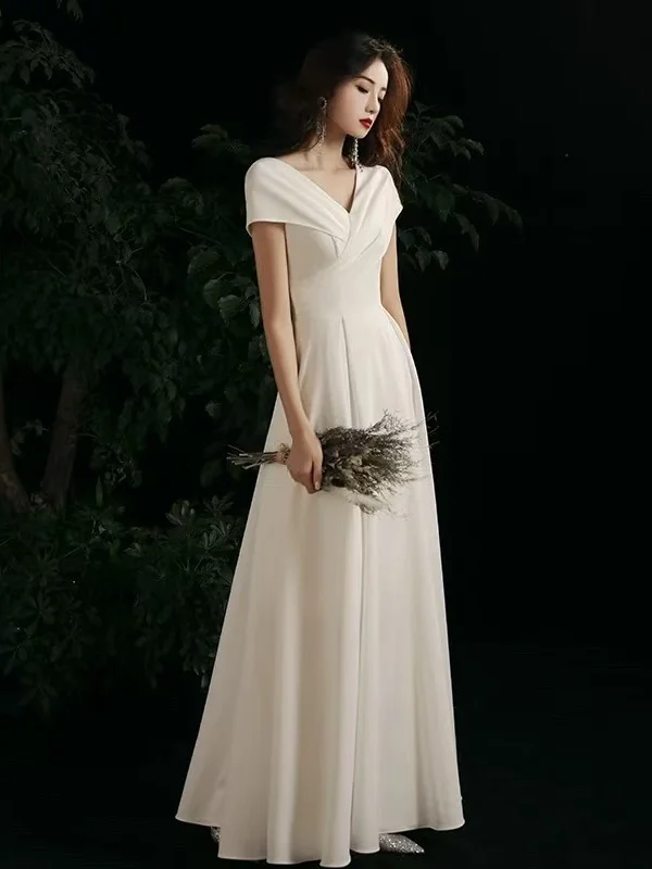 

Elegant White Long Evening Gown Women's Hostess Ball Luxury Ceremony Registration High-End Ball Gown Korean Style Zipper