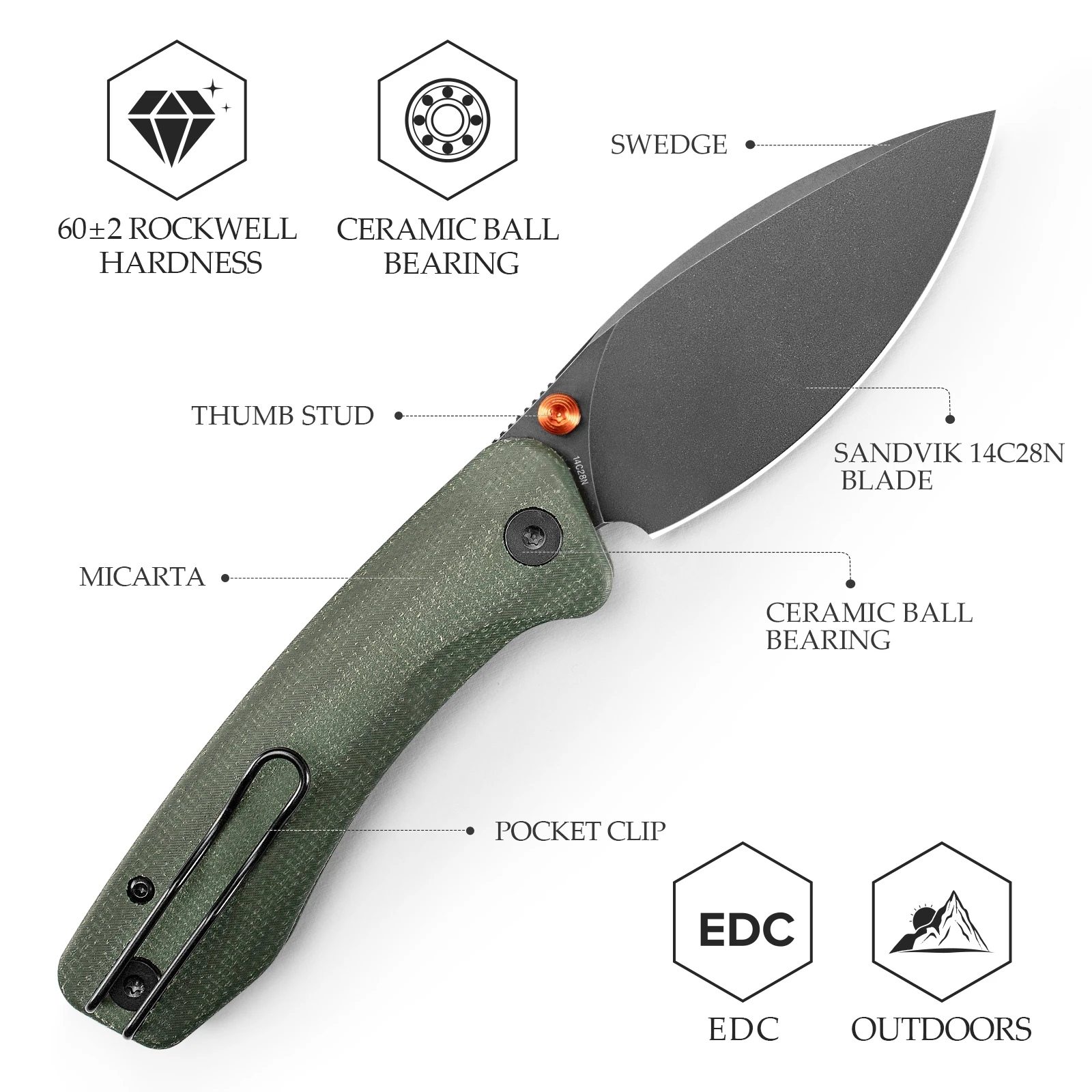 TRIVISA Pocket Folding Koala Plus-GM Knife for Men 14C28N Blade  Micarta Handle with Clip Outdoor Survival Camping Fishing Tools