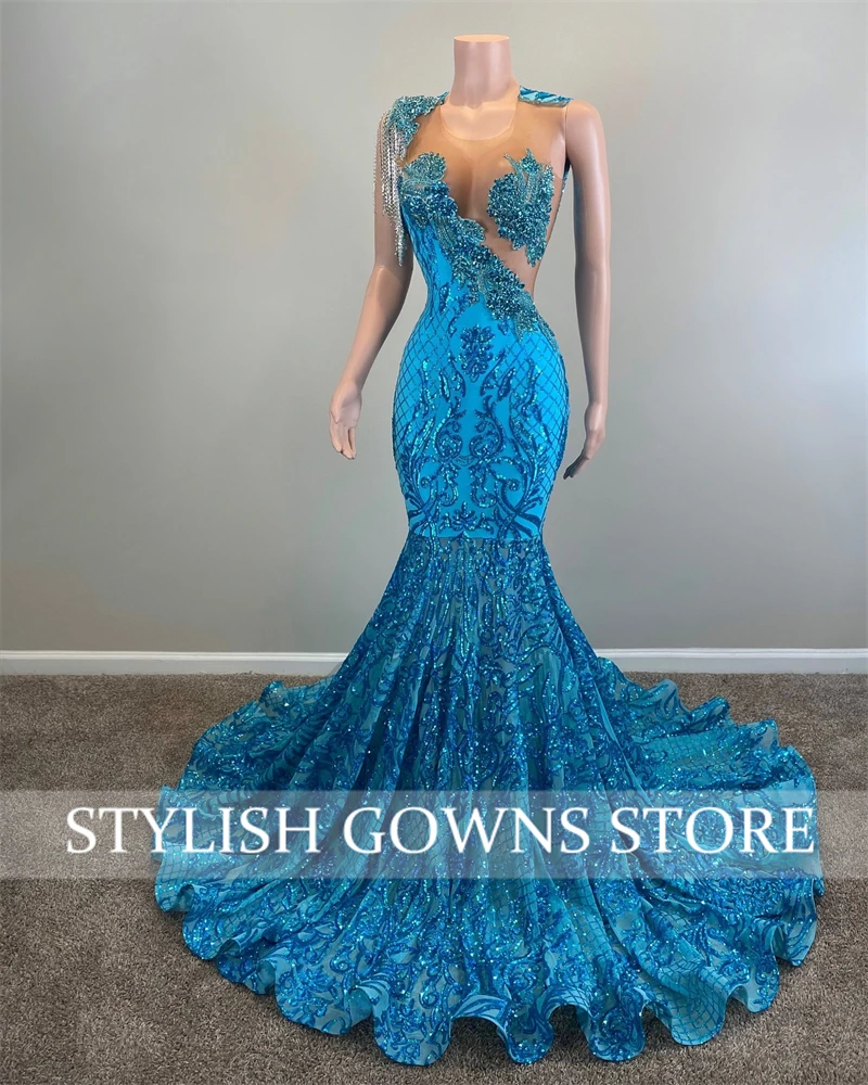 See Through Ice Blue Seuqins Beaded Prom Dress Crystals Printed Tassel Evening Dresses Ruffled Floor Length Prom Gown Customized