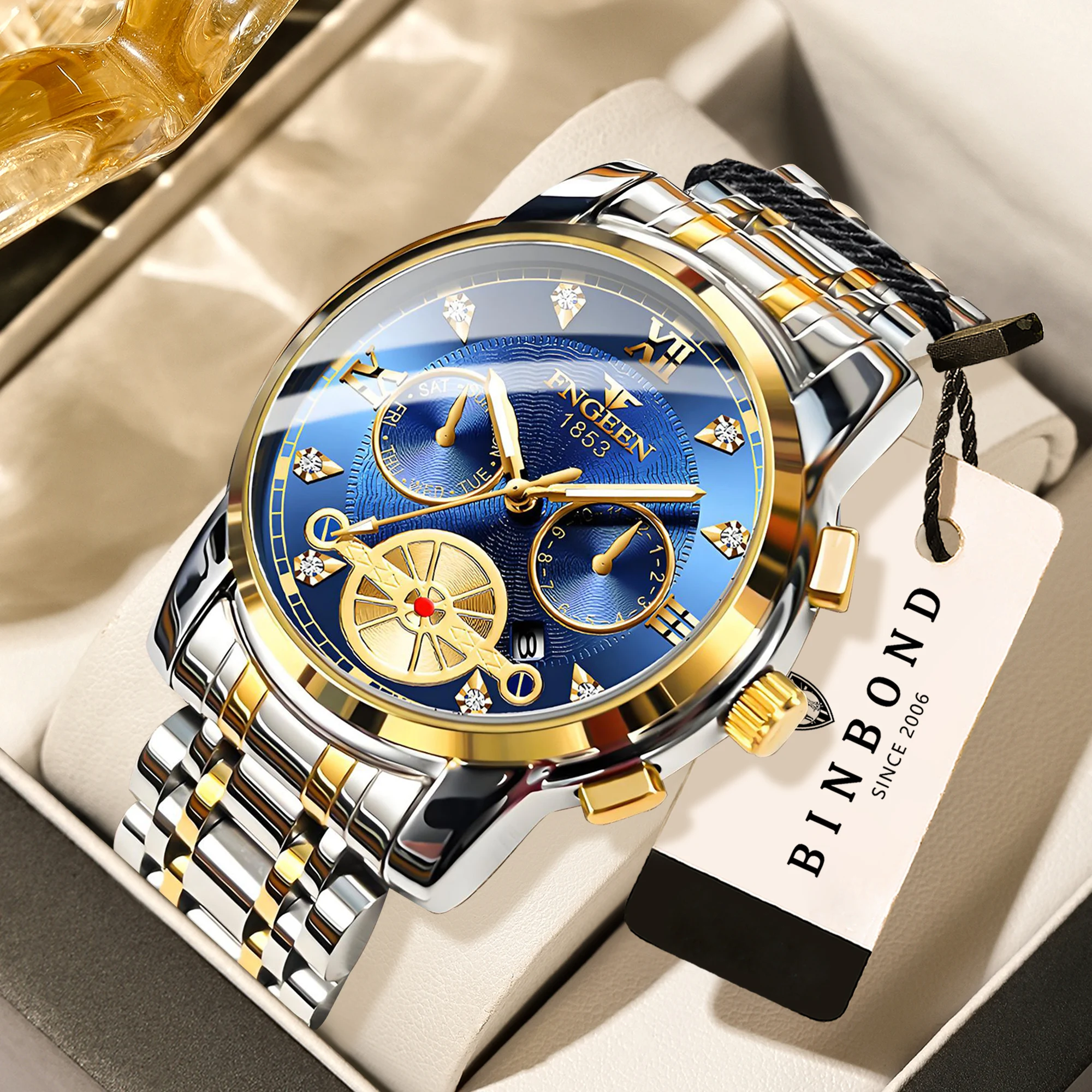 

Мужские часы BINBOND Luxury — кварцевые, водонепроницаемые, с люминесцентным покрытием, стальным браслетом, хронографом, модные, повседневные, спортивные.