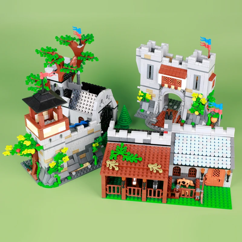 MOC-décennie s de construction de château militaire médiéval, figurines de chevaliers, armes de l'armée, vue sur la rue, cabine de maison, accessoires de briques stables, jouets