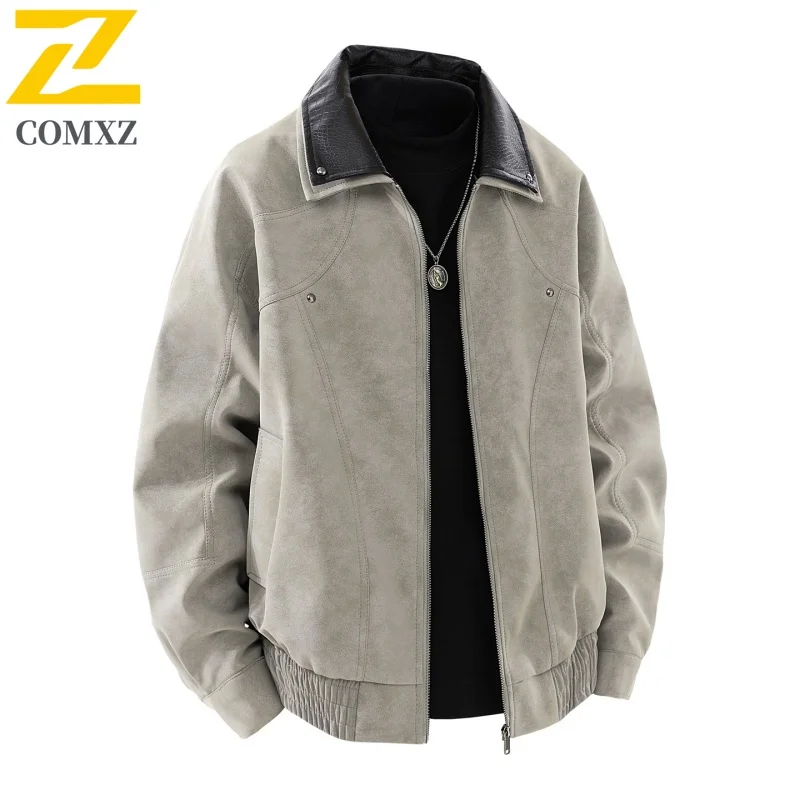 

COMXZ New PU Leather Jacket Mens Vintage Turndown Collar Cycling Leather Coats Leisure Outdoors Style Autumn Windproof Coat​