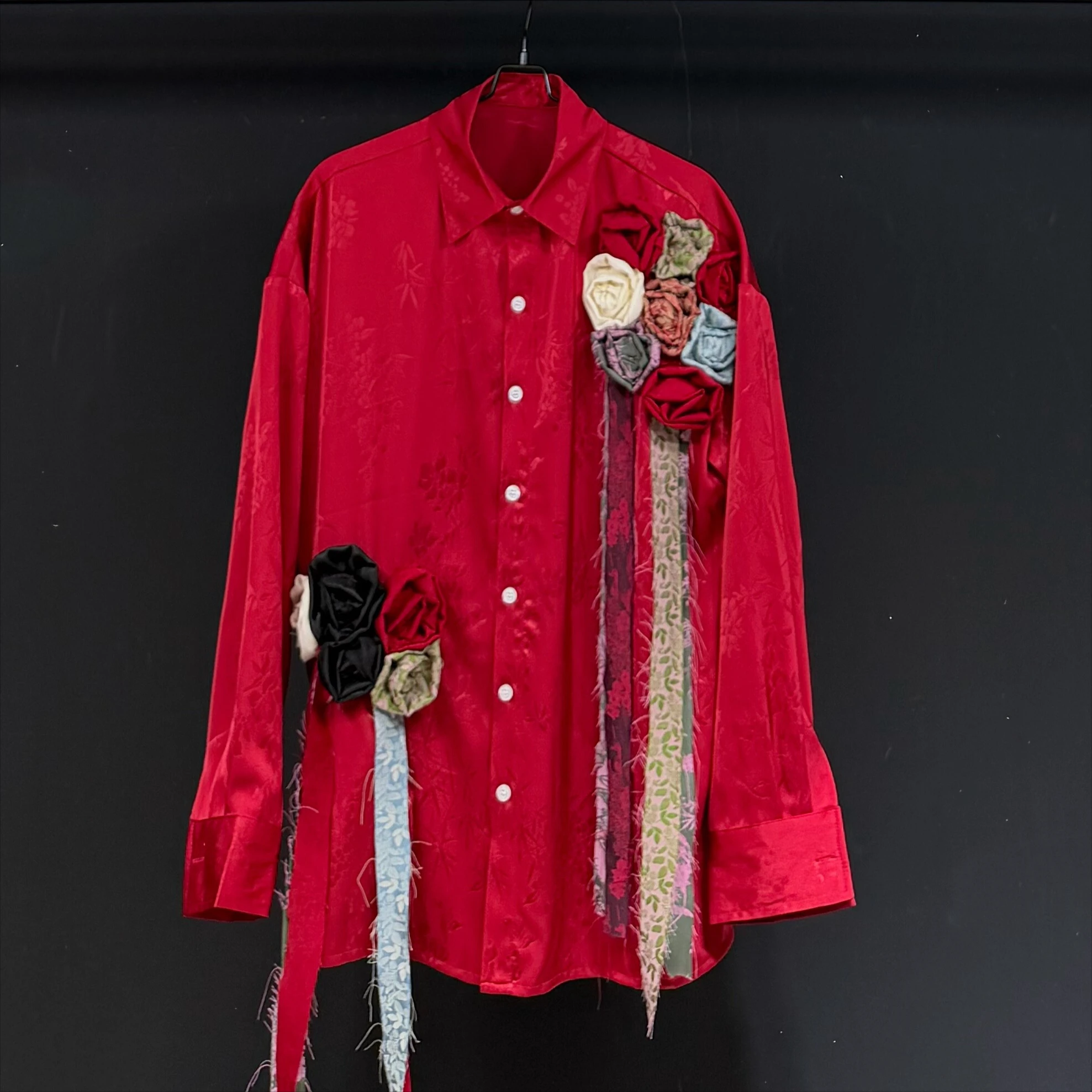 

3D Handmade Floral Fringe Shirt Men Long Sleeved Loose Shirts Fashion Women Creative Design Neutral Social Street Wear Clothing