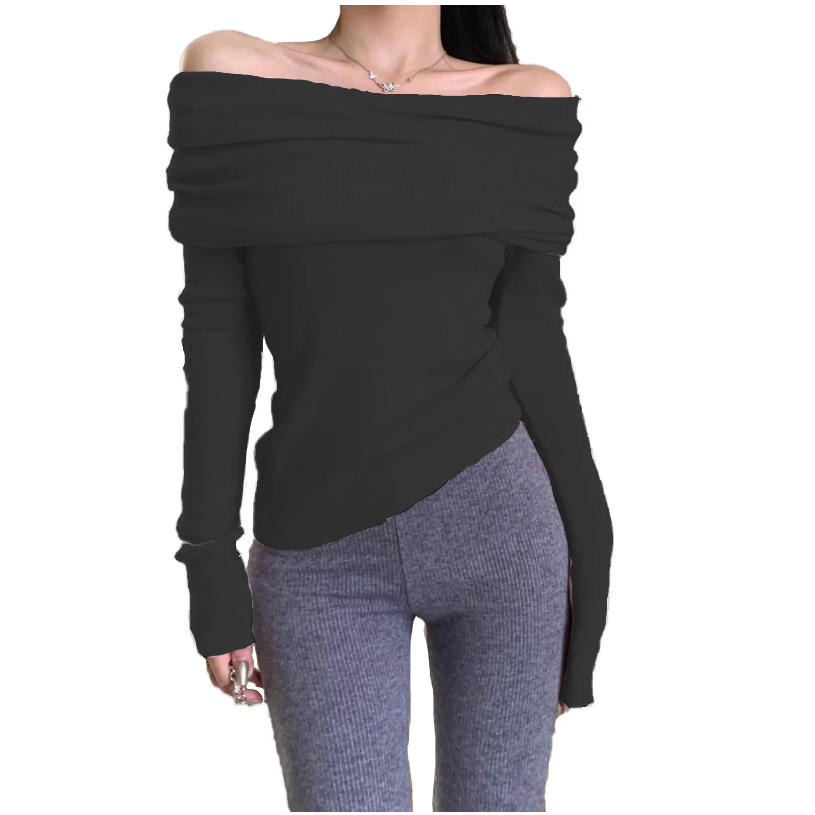 

Women's Strapless One Neck Knitted Jumper Women's Autumn Solid Colour Casual Long-Sleeved One-Shoulder Knitted Pullover Jumper