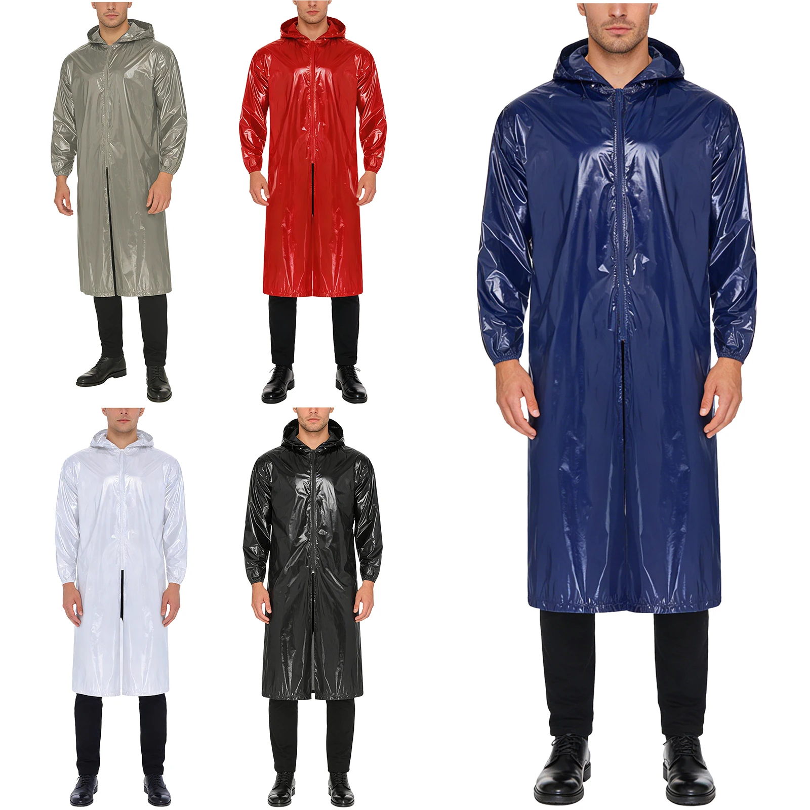 Mens Waterproof Hooded Long Jacket Long Sleeve Front Zipper Lightweight Raincoat Workwear Poncho for Hiking Rainy Day Work