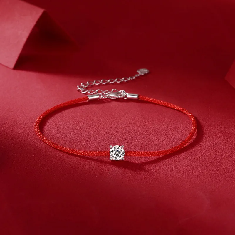 Pulsera de cuerda roja de moissanita D VVS para mujer, Plata de Ley 925, 0,5 CT, joyería fina, fiesta de compromiso de boda, regalo de Navidad