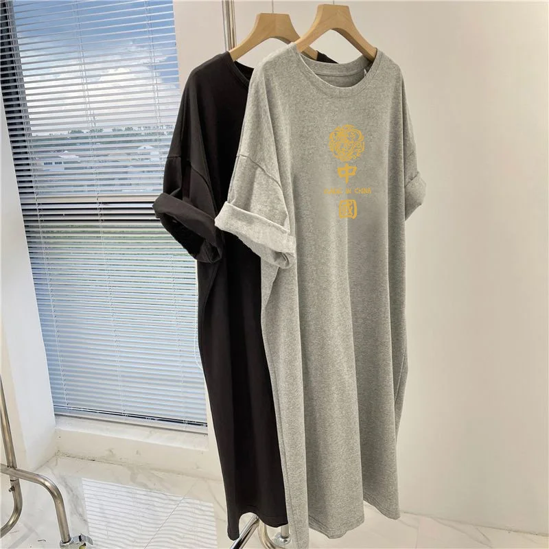 Summer Character Printed Knee Length Tunic, Women Clothing Vintage O-neck Dress, Casual Loose Short Sleeve Pullovers Dresses