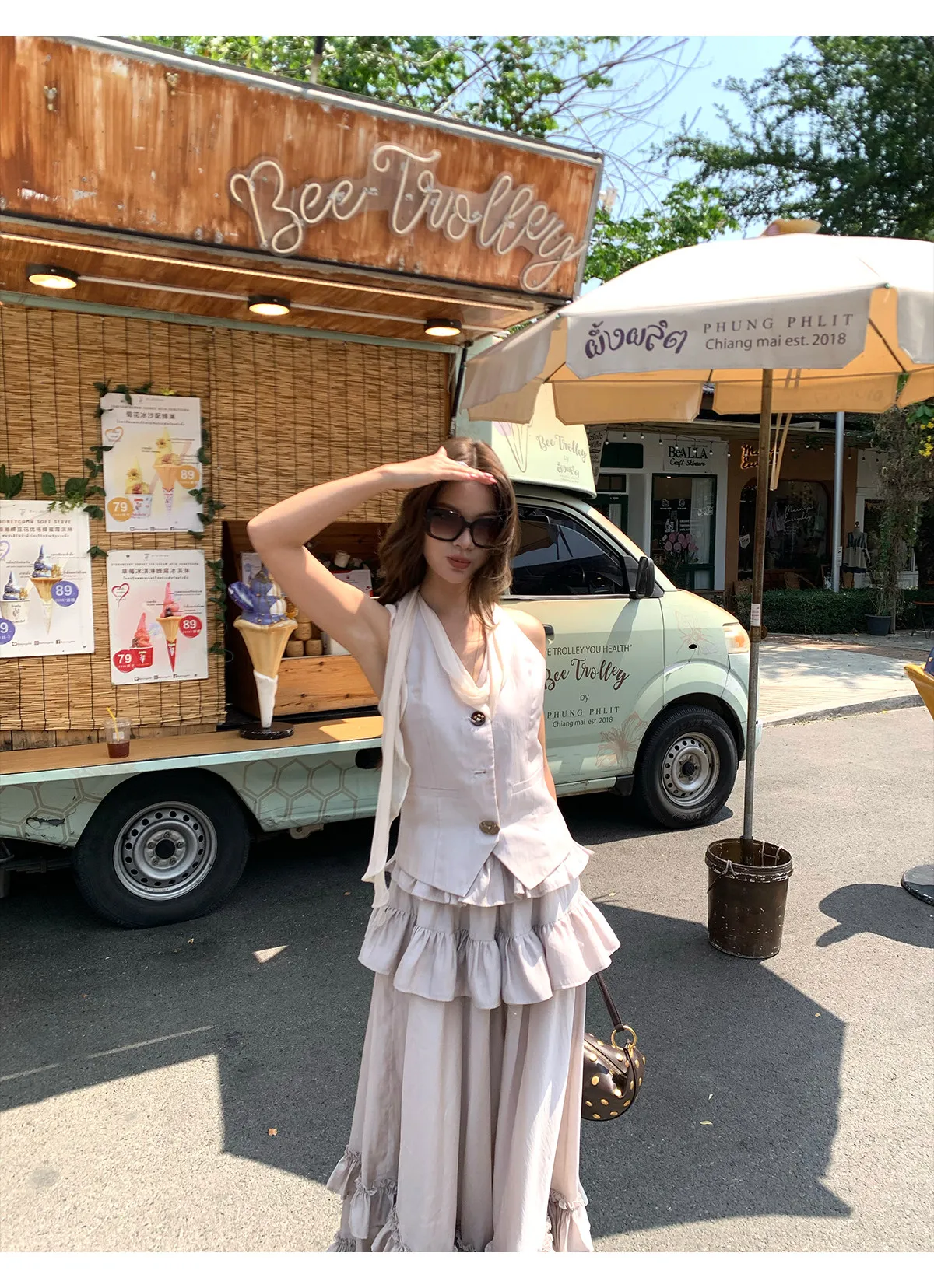 【MAR】Women Blend Two Piece Set Ribbon Vest Waistcoat Ruffle Layered Hem Maxi Skirt