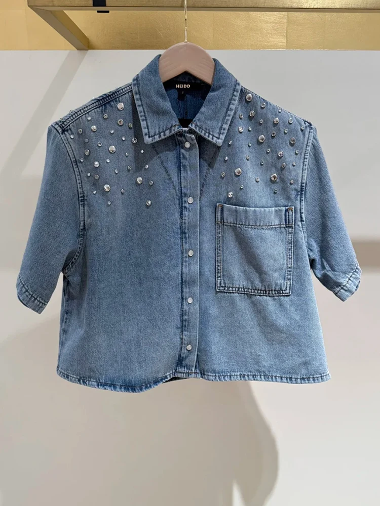 

Retro Style Blue Diamond Embedded Denim Short Sleeve Shirt And Shorts Women's Fashion Set Spring Summer Cotton Collar Bu...