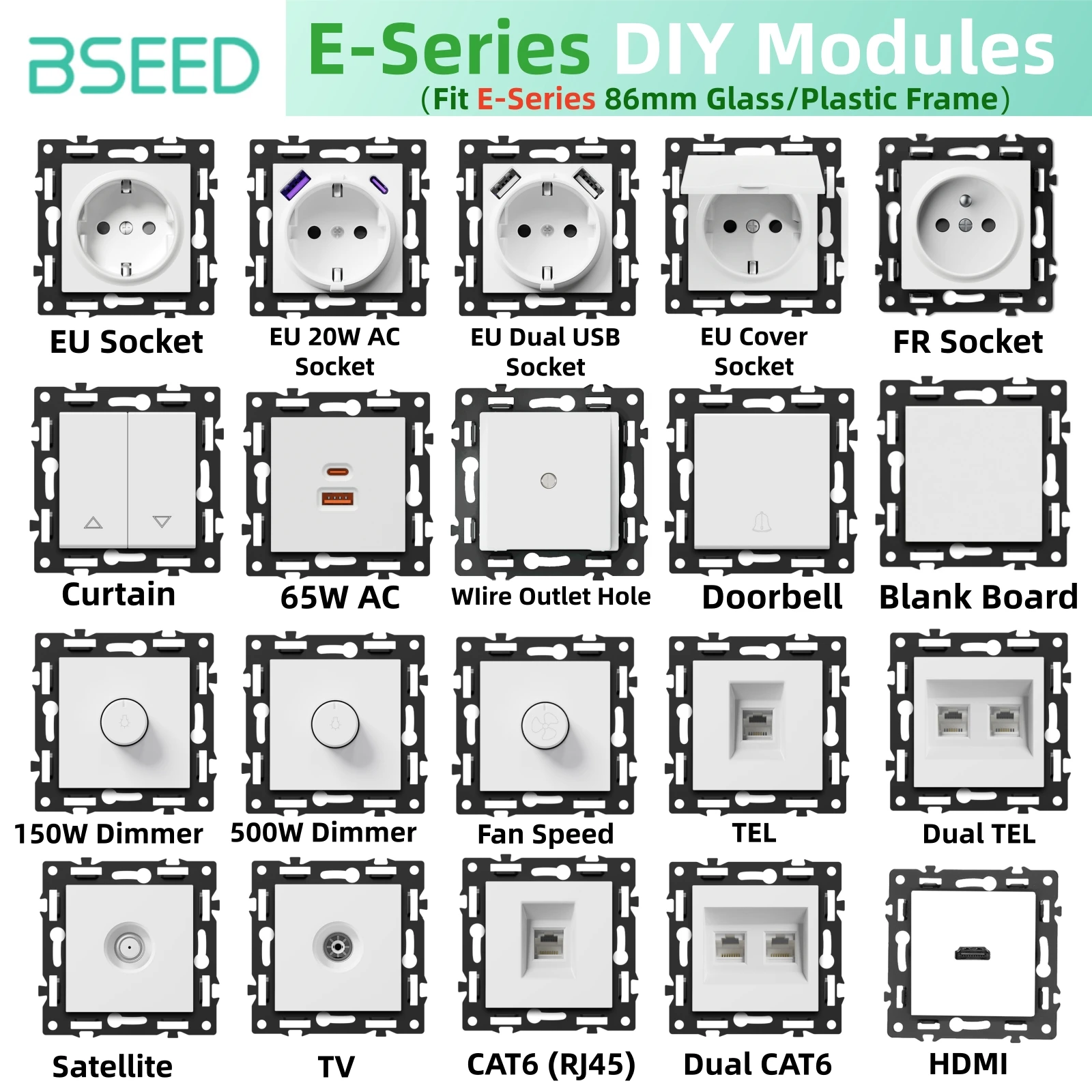 Módulos DIY Série Bseed EU FR Tipo-C USB: Peça de Tomada, Interruptor Dimmer de Velocidade para Cortina Rolô, Peça de Saída de Fio ST TV RJ56 CAT6