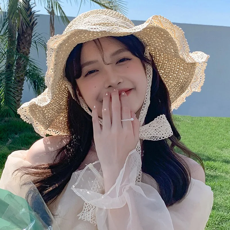 여행용 자외선 차단 빨대 모자, 레이스업 할로우 잔디 니트 모자, 여름 해변 해변 태양 모자, 레이스 엣지 태양 모자, 신제품