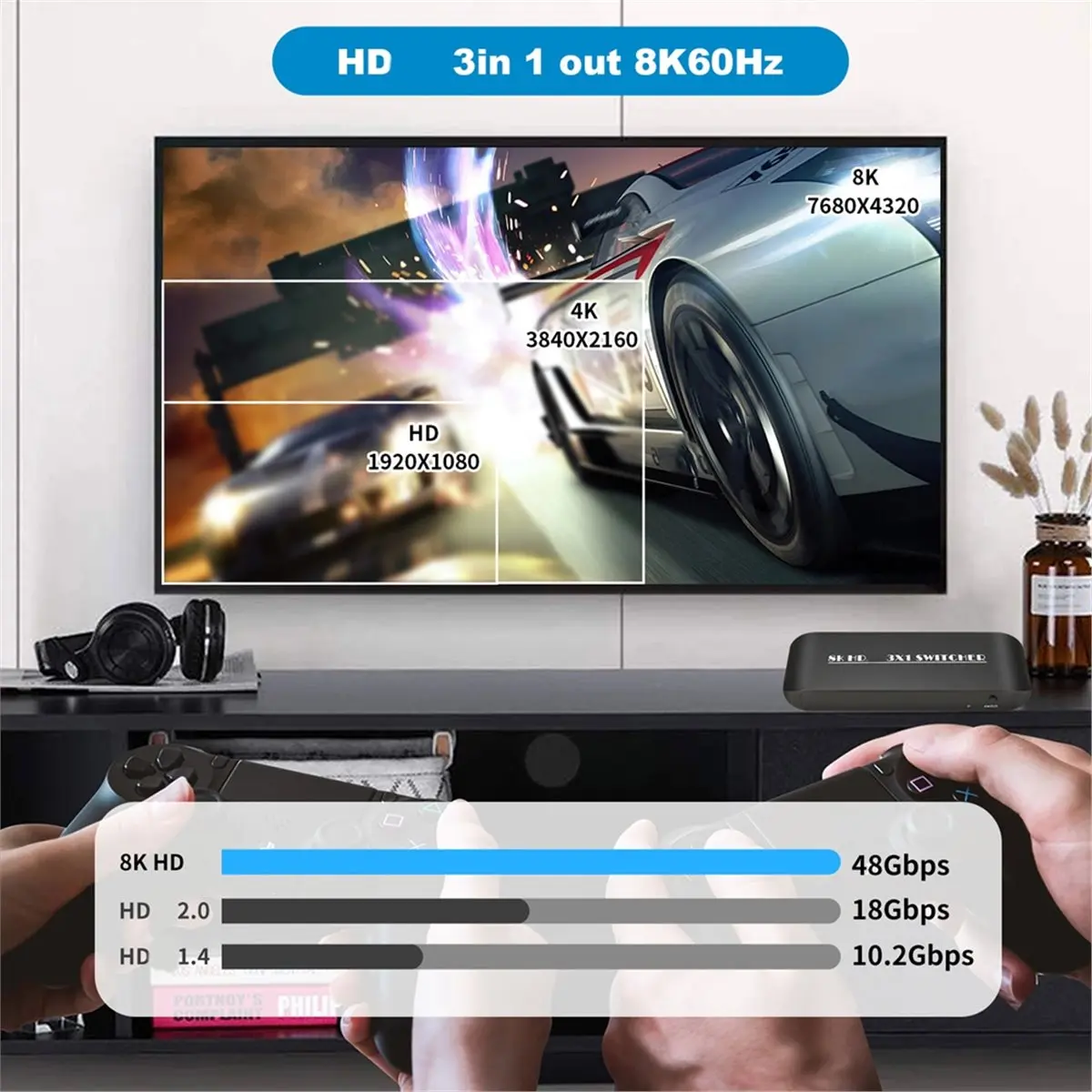 8K -Compatible Switcher 3x1 Remote Control Video Screen Cutting 8K 60Hz 4K 120Hz 48Gbps Converter