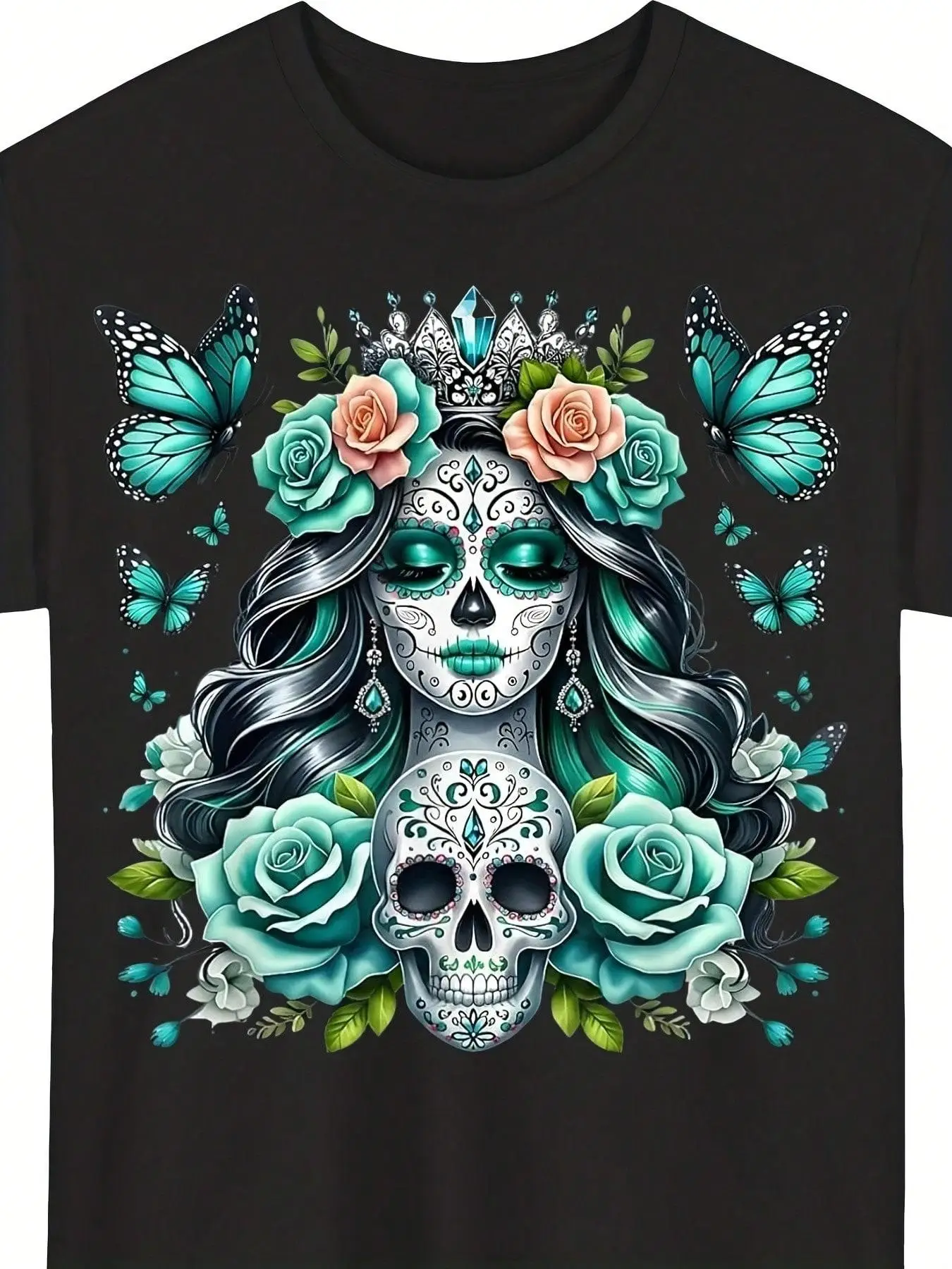 Women's Plus Size Party Tee Dia De Los Muertos Sugar Skull Print And Bright Butterfly Flowers Pure Cotton Fabric Unisex