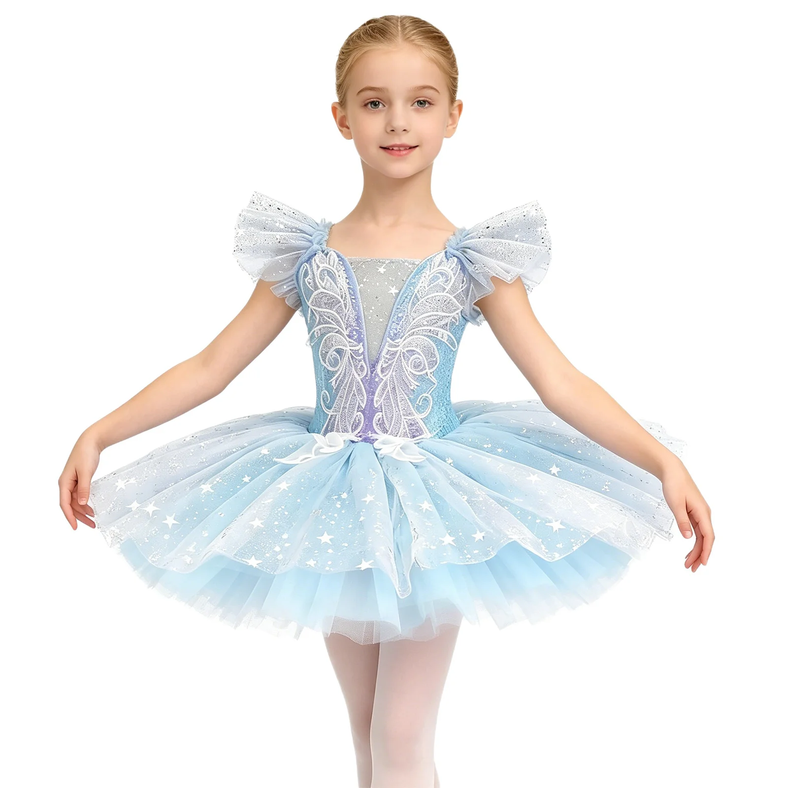 Kids Ballerina Ballet Dress for Girls Stage Performance Ruffled Sleeves Sequin Tulle Tutu Dress Princess Embroidery Costumes