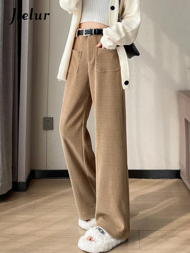 

Jielur New Thick Straight Casual Slim Fashion Female Pants Office Ladies Simple Pockets Belt Zipper Loose Wide Leg Pants Black