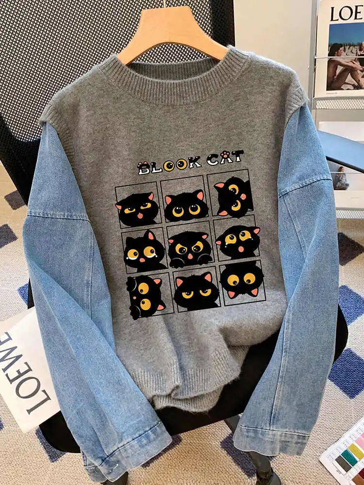 

Утепленная джинсовая толстовка с круглым вырезом и пэчворком для женщин, осенне-зимняя, с мультяшным принтом, свободного кроя, с длинными рукавами