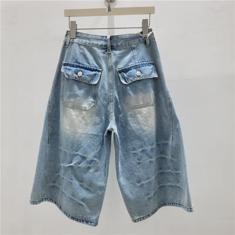 New Fashion Spring Summer All-match Straight Jeans Women Metal Diamond Buckle Decoration Loose Wide Leg Knee-length Denim Pants