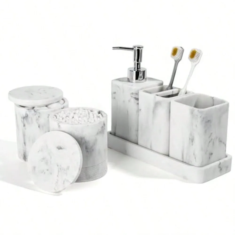 

Accessories Set 6 Piece Bathroom Set With Toothbrush Holders Soap Dispenser Vanity Tray Tumbler Cotton Swab Jars Bathro
