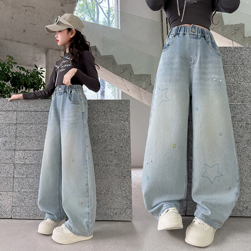 2026 New Kids Spring Fall Loose Straight Jeans with Stars for Girls Trendy Denim Pants Children Fashion Seasonal Trousers 5-14 Y