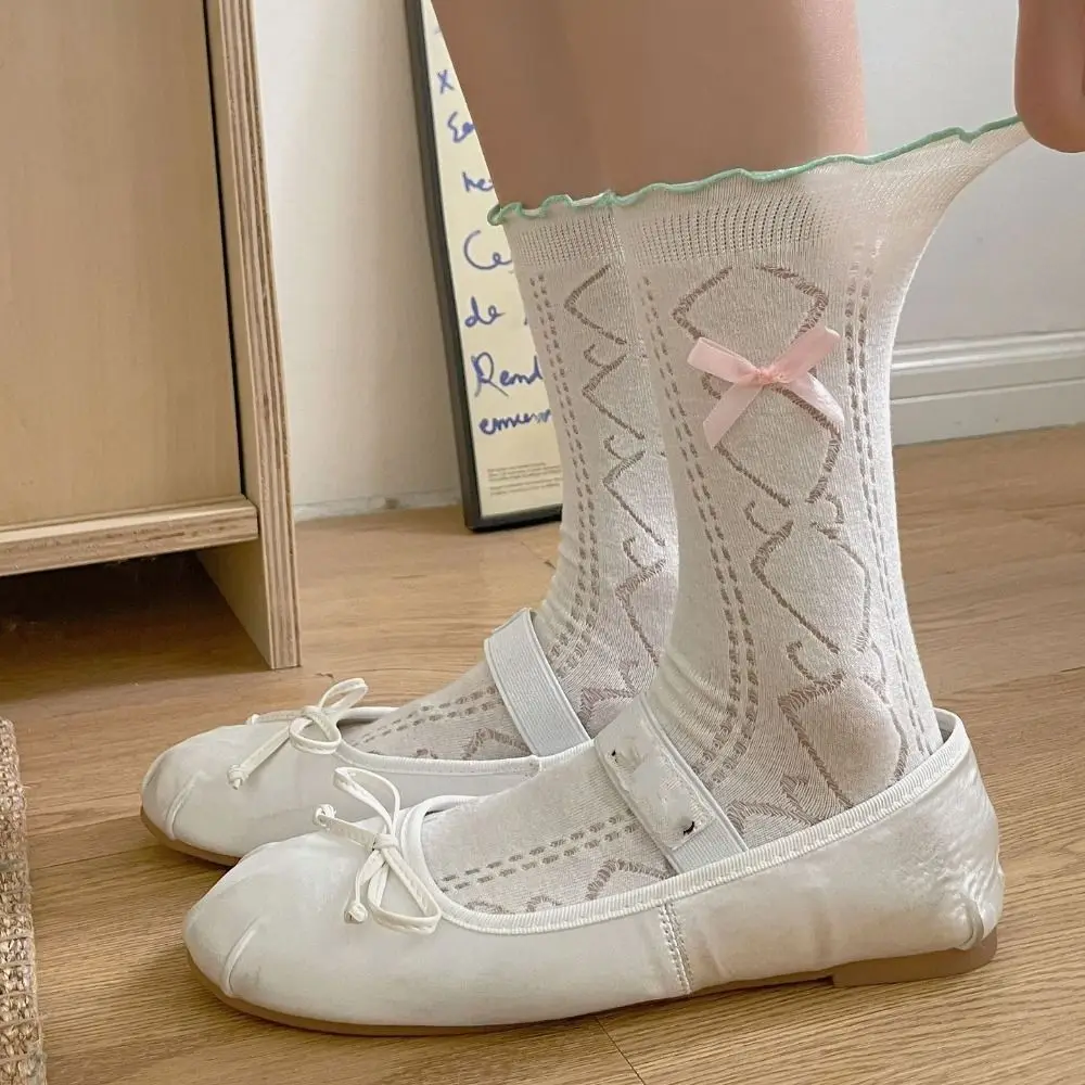 Sweet Mesh Tube Socks Stripe Mid-calf Thin Hollow Out Ruffle Short Socks Balletcore Style Anti-slip Lolita JK Women Bow Socks