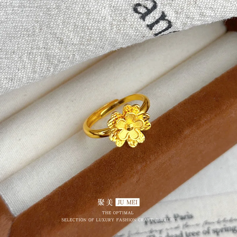 

Women's Double-Layer Gold Flower Open Ring, 24K Gold, AU999 | Gradient enamel petals with hidden "Rhythm" engraving.