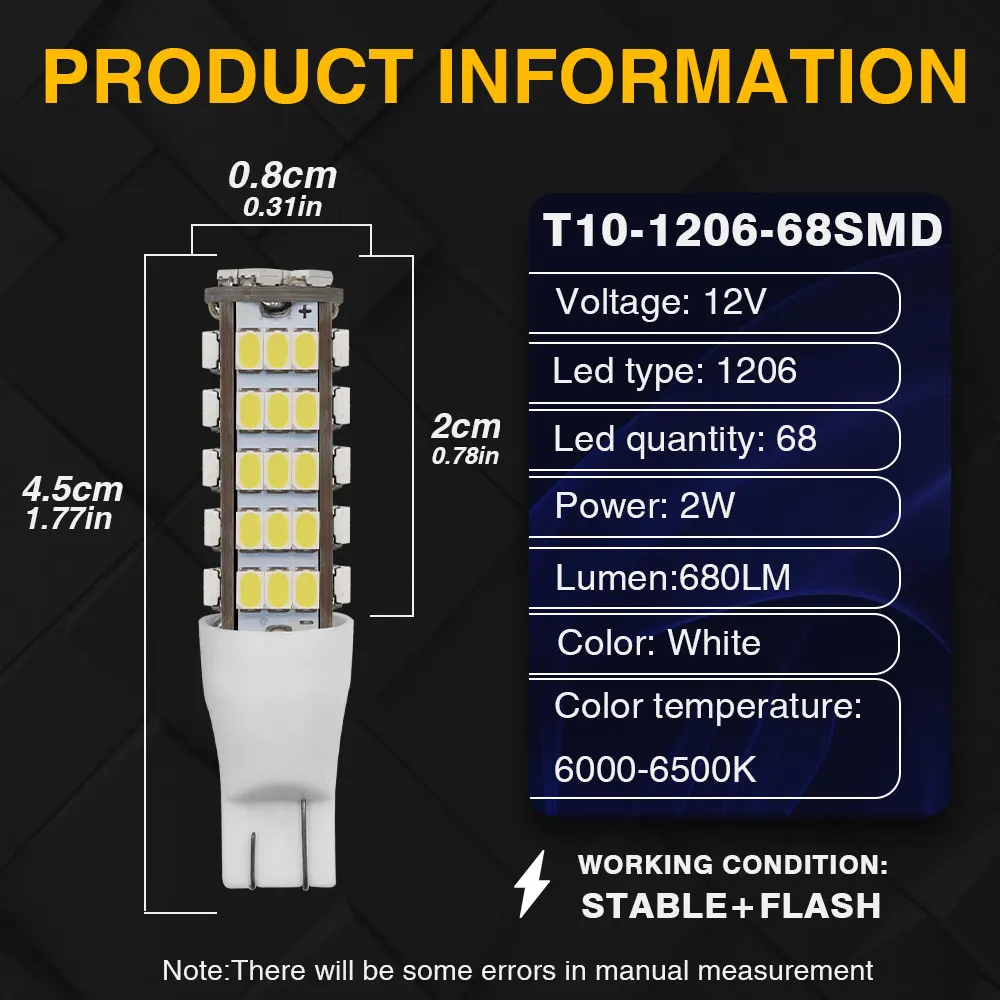 1pcs Strobe Flash DC 12V W5W 194 T10 1206 68SMD LED Bulb Auto Cars Motorcycles Door Warning Signal Clearance Light