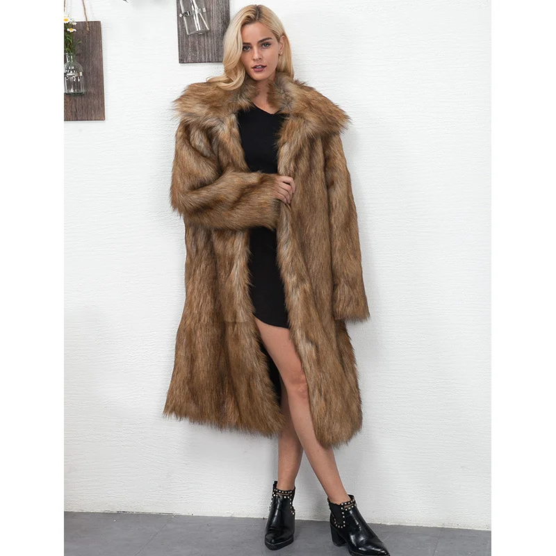 New European and American Style Winter Women's Plus Size Faux Fur Coat Long Slim Thick Warm Jacket Coat