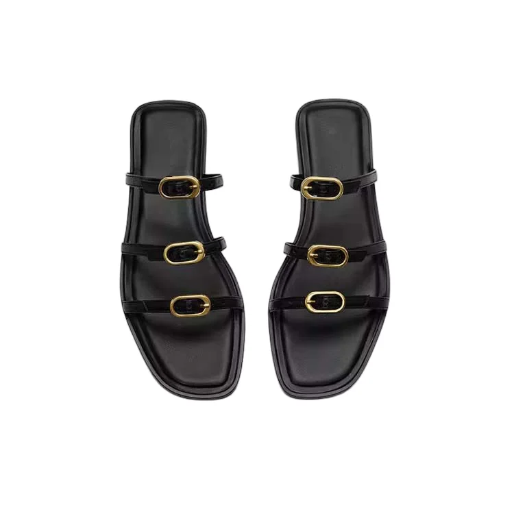 

Withered French Elegant Ladies Mule Slippers Summer Genuine Leather Gold Buckle Three-strap Flat Sandals Shoes Women
