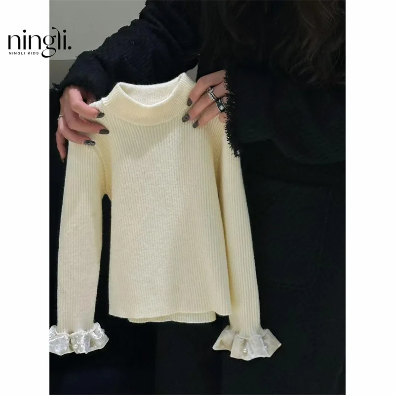 Girls' Autumn and Winter New High Neck Sweater Mid-Collar Pullover Fashionable Thickened Western Style Ankela New Year Color Swe