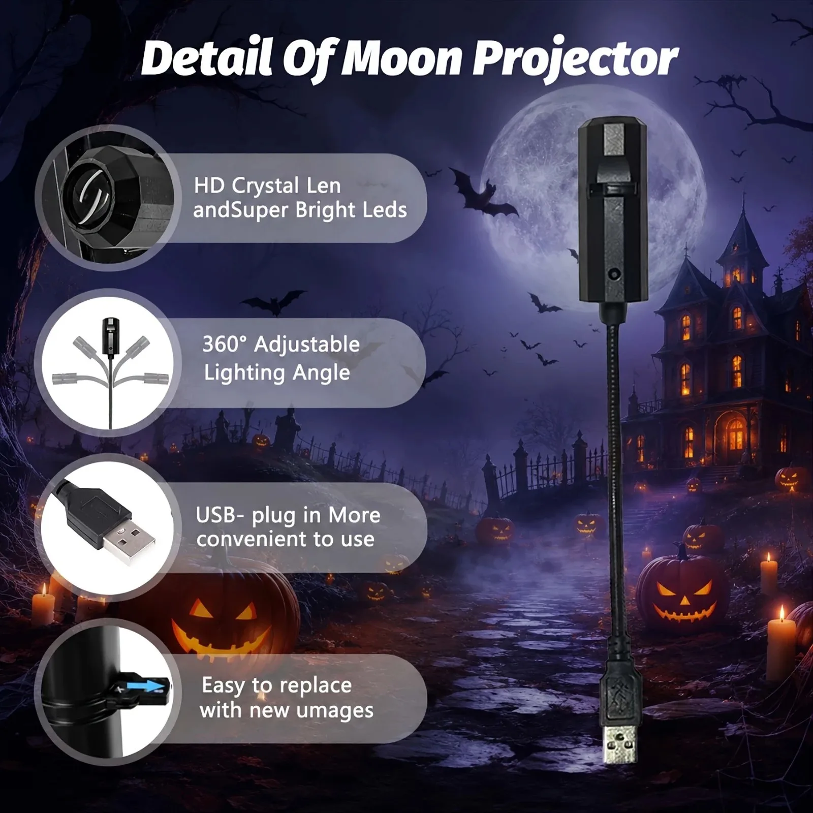 Halloween USB Projector Light LED Ghost Skeleton Witch Pattern for Holiday Party Home Decorative Spooky Decor Haunted House