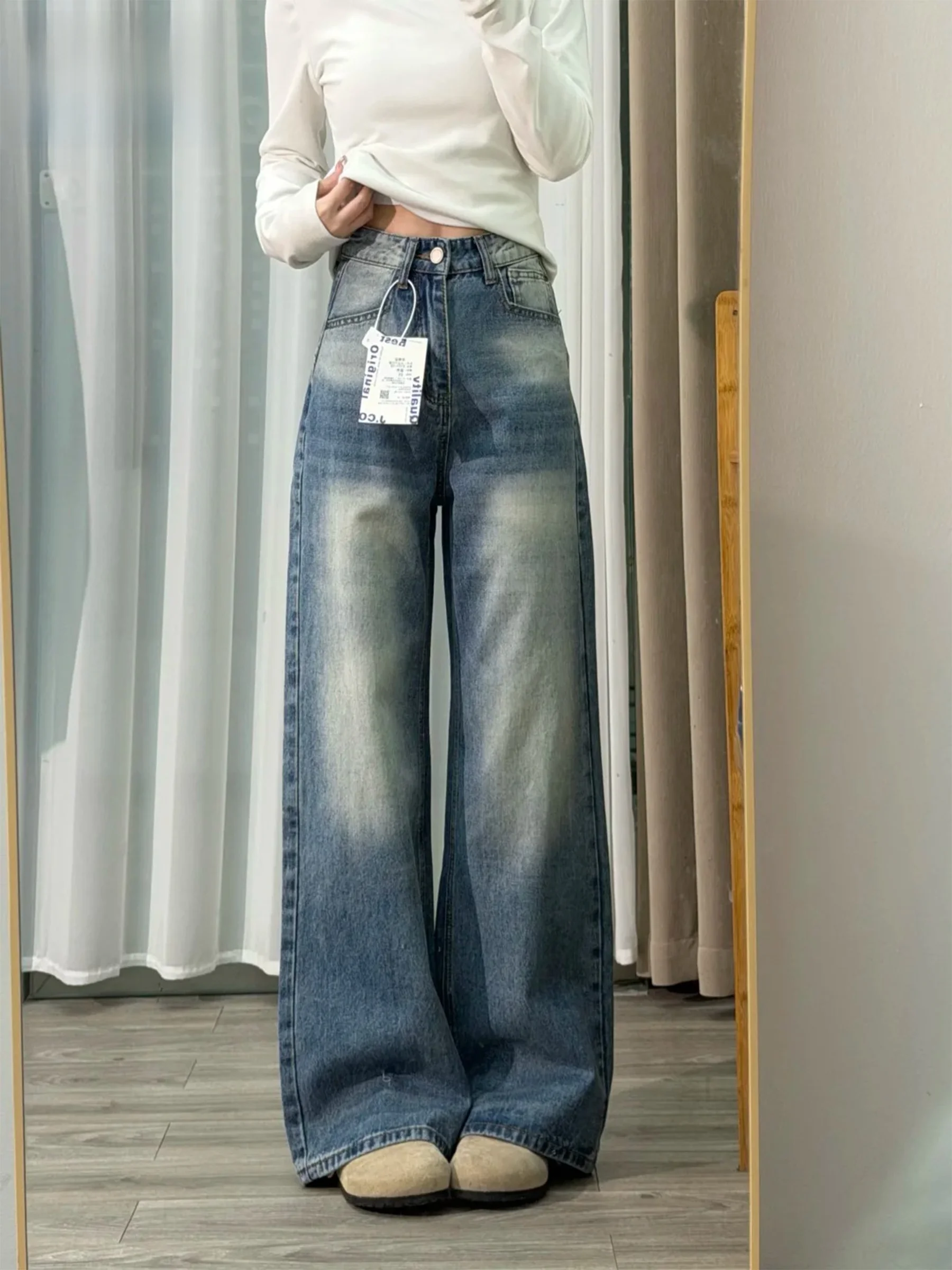 

Джинсы женские широкие прямые в американском стиле с эффектом потертости, свободные, повседневные, весенне-летние, модный тренд