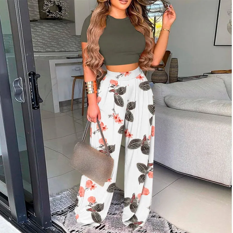 Vintage Floral Print Wide Leg Suits Women Summer Fashion Loose O-neck Short Sleeve Tops+Long Pants Wide-Leg Pant Two Pieces Set