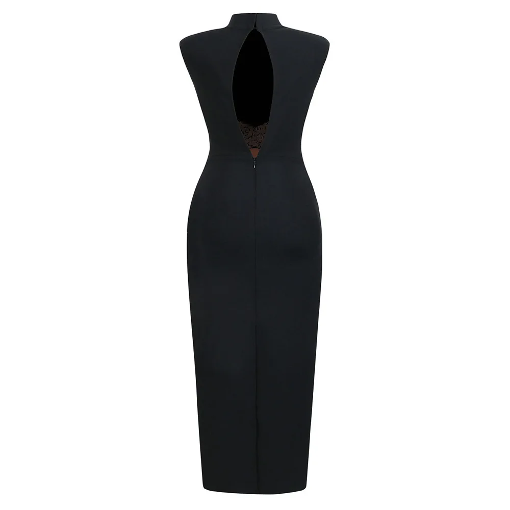 New Arrival Women Sleeveless Sexy O-Neck Big Crystal Keyholes Bodycon Bandage Long Dress Fashion Celebrate Evening Party Outfit