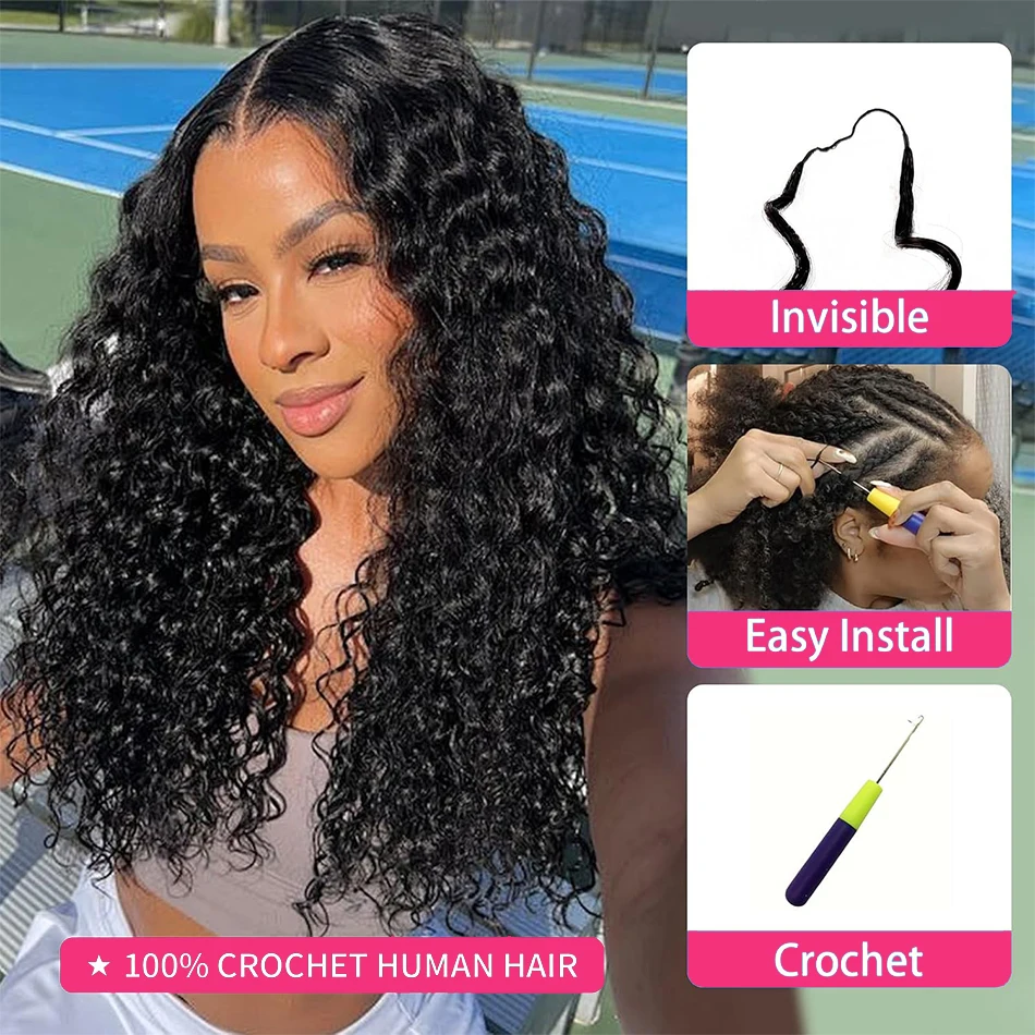 Knotless موجة عميقة الكروشيه الشعر البشري قبل فصل بوهو الضفائر غير مرئية 12A 100% ريال تجديل مجعد وصلات شعر كروشيه #5